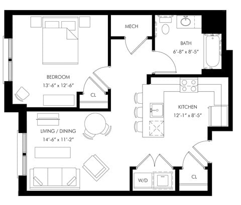 Floor plan for 1 bed, 1 bath, 690 sqft